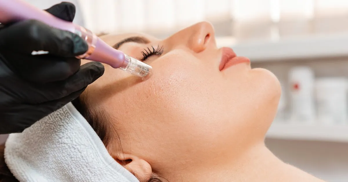 Young woman receiving a microneedling treatment in Stillwater, OK